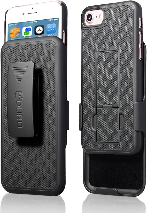 iPhone 7 Case, Aduro Combo Shell & Holster - Super Slim Shell with Built-in Kickstand, Swivel Belt Clip Holster for Apple iPhone 7 (Black)
