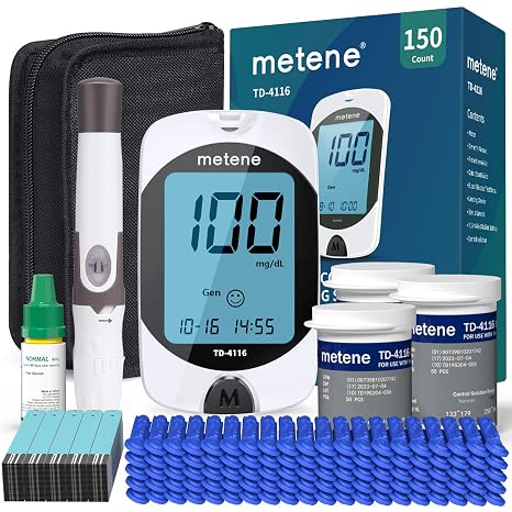 Metene TD-4116 Blood Glucose Monitor Kit, 150 Glucometer Strips, No Coding | 150 Lancets & Control Solution & Lancing Device, Blood Sugar Monitor Large Display , Blood Sugar Test Kit for Home Use