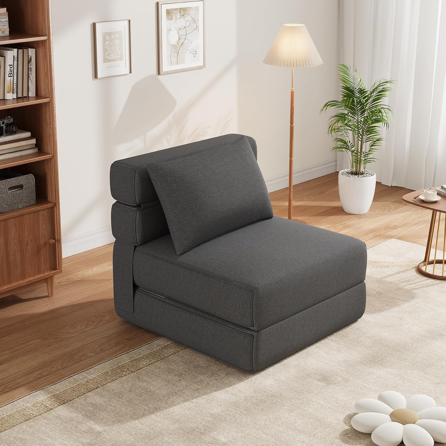 Folding Sofa Bed - Convertible Sleeper Chair with Upgrade Pillow Modern Comfortable Sleeper Couch Linen Fabric Foldable Memory Foam Sleeper Comfortable Floor Sofa for Living Room Bedroom Single