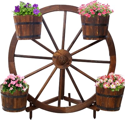 Wood Wagon Wheel Garden Planter - Wagon Wheel Barrel Planter Display for Garden Patio Outdoor & Indoor Decor