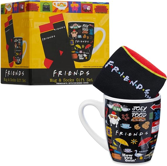 Get Trend Friends 11oz Mug and Socks Set, Crew Socks with Ceramic Coffee Mug Microwave Safe, Novelty Gifts for Women, Men, Teens (Black AOP Friends)
