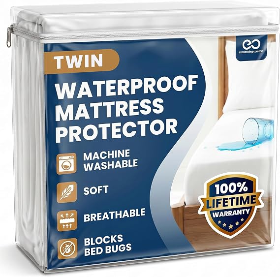 Everlasting Comfort Premium Twin Size Mattress Protector - Waterproof & Hypoallergenic, Noiseless Design, Washable Cover, 18" Deep Pocket, Bed Bug & Dust Mite Protection Cover for Sleep Hygiene