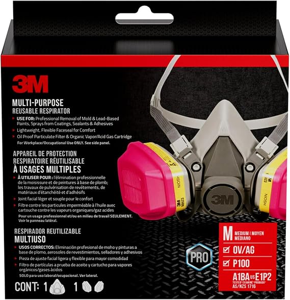 3M Multi-Purpose Reusable Respirator 62023, OV/AG/P100, Medium, Includes 1 Facepiece and 1 Pair of 60923 Cartridge/Filters, 62023DCA1-C