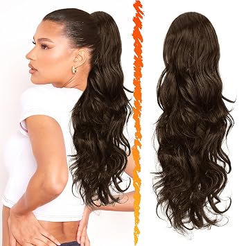 BARSDAR Brown Wavy Curly Ponytail Extension - 20 Inch Drawstring Hair Extensions for Women - Synthetic Clip in Pony Tails Hairpieces Fake Ponytails Daily Party