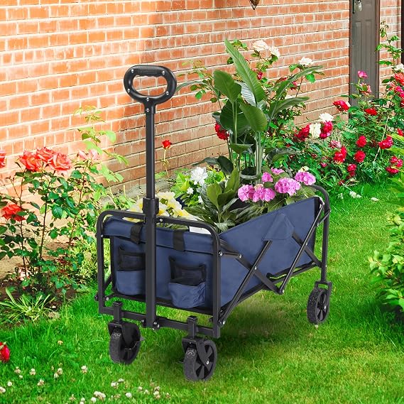 Collapsible Folding Wagon Cart, Portable Foldable Utility Garden Cart with Oxford Cloth Steel Frame and All-Terrain Wheels Heavy Duty Beach Wagon for Camping Shopping Outdoor, 220LBS Capacity