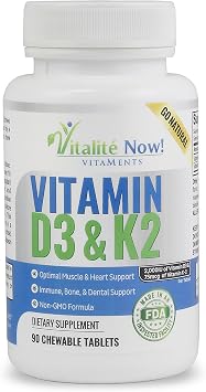 Vitalite Now! Best Vitamin D3 2000 IU + K2 - Optimized Absorption in Best Form MK7 for Lung Health, Strong Bones & Healthy Heart - All Natural - Cherry Flavor - 90 Chewable Tablets - 3 Month Supply!