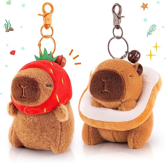 Achwishap 2pcs Brown Capybara Plush Keychains, Animals Keychains Bag Charm | Capybara Keychain Stuffed Animal, Capybara Plush Toys Key Chain, Cute Birthday Gifts for Kids Adults (Bread, Strawberry Hat)