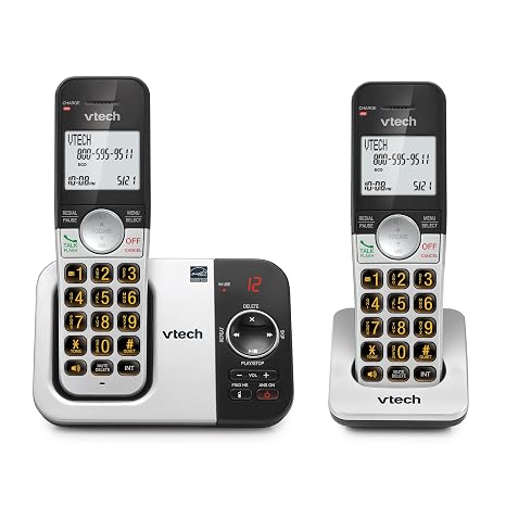 VTech Cordless Phone with 2 Handsets Big Buttons, Large Backlit Display, Answering Machine, DECT 6.0, Caller ID, Intercom, Easy to Use, Silver/Black | VG232-2