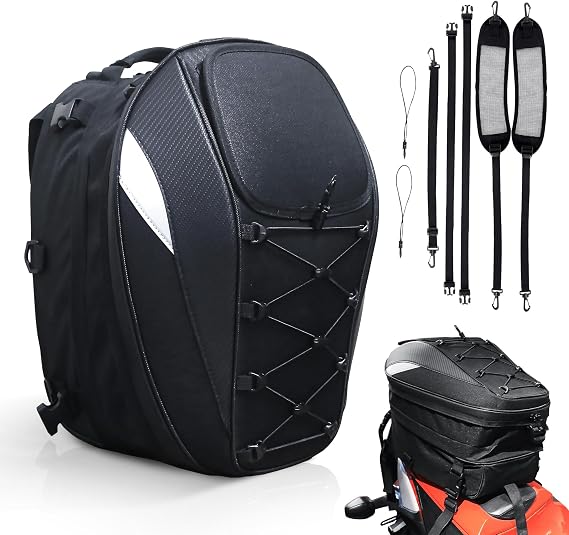 MZS Motorcycle Tail Bag, 22-38L Expandable Dual Use Storage Black