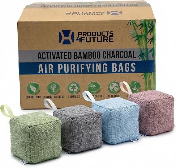 4 pack Naturally Activated Bamboo Charcoal Air Purifying Bags | Natural Home Deodorizer Bag | Charcoal Bag Odor Absorber For Pets | Odor Eliminator & Moisture Absorber Air Freshener Bag (200g Cube)