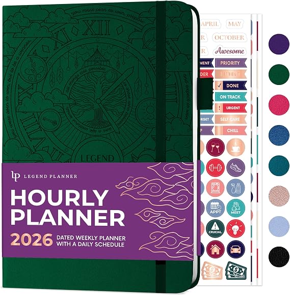 Legend Dated Hourly Weekly Planner 2026 Daily, Monthly & Yearly Agenda with Time Slots Hardcover Organizer Journal, 5.8x8.3 (Dark Green)