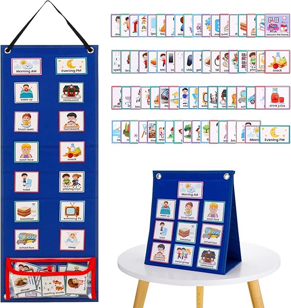 FRIUSATE Visual Timetable, Daily Routine Chart Children Planner Chart | Visual Now and Next Board Learning Aid Tool with 70 Pieces Schedule Cards to Support Communication, Routine and Transition