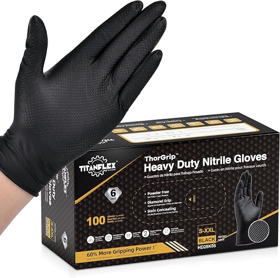 TitanFlex Heavy Duty Black Industrial Nitrile Gloves with Raised Diamond Texture, Latex Free 6mil