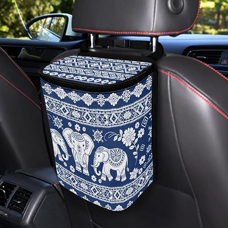Pinupub Blue Aztec Elephant Car Trash Can - Funny Print Sturdy Leak Proof Vehicle Garbage Can with Lid Travel Collapsible Hanging Car Trash Container for Back Seat