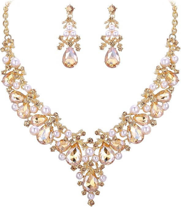 EVER FAITH Bridal Faux Pearls Jewelry Set for Bride, Rhinestone Crystal Simulated Pearl Gorgeous Leaf Teardrop Wedding Prom Statement Necklace Earrings Sets for Women
