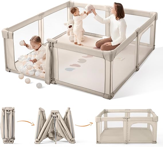 Sweeby Baby Playpen, Foldable Play Yard, Extra-Large Baby Fence for Indoor & Outdoor Use, Safe Playpen for Babies and Toddlers (Beige, 150 x 150 cm)