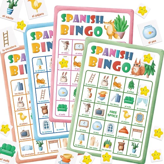 ceiba tree Spanish Bingo Game Bilingual Vocabulary Bingo Board Game Cards | Bingo Cards for 24 Players, Educational Toys for Kids Words Learning, Family Board Games, Toddler Kindergarten Party Supplies