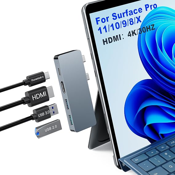 Surface Pro 11 Hub Adapter, Microsoft Surface Pro 9/10/11/X Docking Station with 4K HDMI, USB C Thunderbolt 4(8K Display+40Gbps Data+100W PD), USB 3.0/2.0 - USB C Hub Adapter for Surface Pro 11/10/9/X