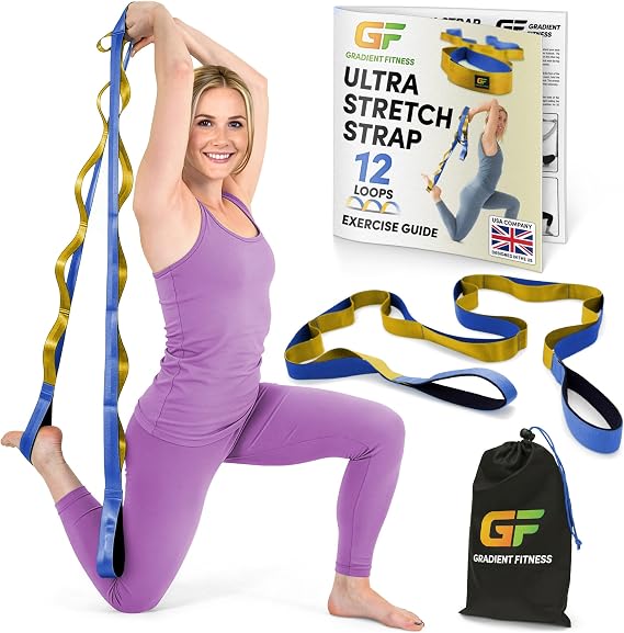 Gradient Fitness Physiotherapy Stretch Strap 12 Multi Loop Stretch Strap 1.5" W x 8ft L Neoprene Handles Physiotherapy Equipment Yoga Straps for Stretching Leg Stretcher