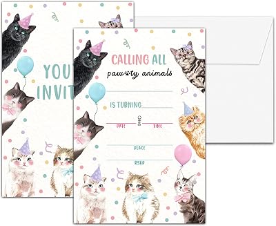 Cat Birthday Party Invitations, Kitten Birthday Invitation, Double-Sided Fill In Invites, Cute Pet Birthday Party Decorations, 20 Cards With 20 EnvelopesD01
