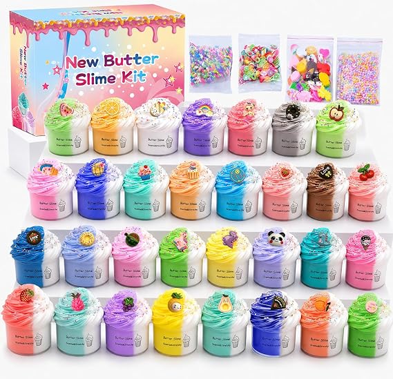 Butter Slime Kit 34 Packed Two-Toned Colorful Slime, Stress Relief Toys, Fidget Toy, Party Favors for Kids Girl Boys Kids 6 7 8 9 10 11 12