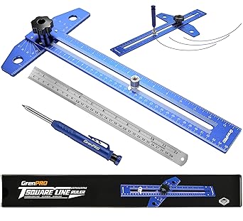 GRENPRO Woodworking Scriber Marking Line Ruler with Carpenter Pencil & Metal Ruler, Adjustable Aluminum Alloy Sliding T-Square Ruler, Measuring Angle Finder with Adjustment Scale,Drawing Aid Rule tool
