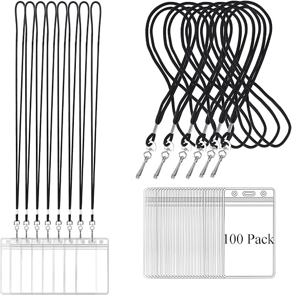 HOSL Clear Plastic Name Tag Holders & Badge Cases - Vertical (100pcs) + Lanyards (100pcs)