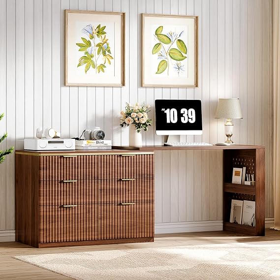 Ieejdn 47" Home Office Desks, Executive Desk, Farmhouse Computer Desk with Drawers and Charging Station, File Drawer, Storage Cabinet, Rustic Computer Writing Desk,Antique White