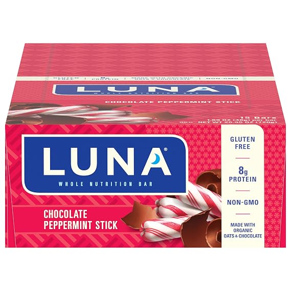 LUNA Bar - Chocolate Peppermint Stick Flavor - Snack Bars - Non-GMO - Gluten-Free Protein Bars - Made with Organic Oats (15 Pack)