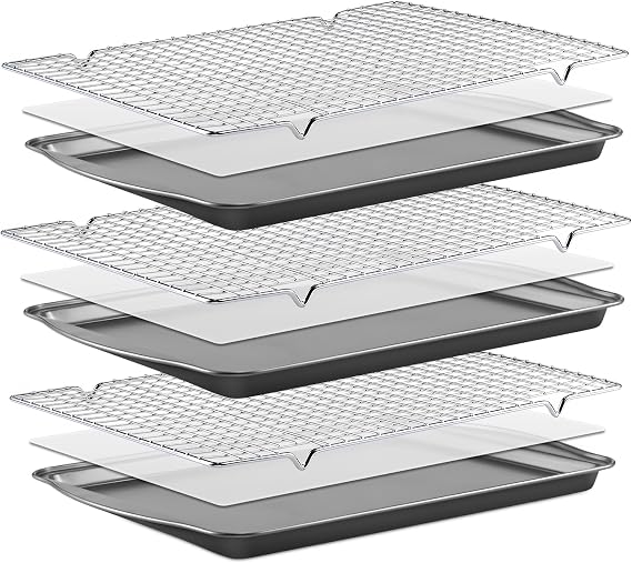 BEWOS Baking Sheet Pans With Racks Set - Including 17.6 12 1.26 Inch Carbon Steel Baking Sheet, Set of 106 (3 Sheets + 3 Cooling Racks + 100 Parchment Paper), Nonstick Bakeware sets for Baking