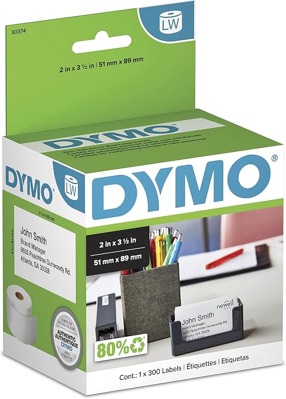 DYMO Authentic LW Non-Adhesive Business Card Labels for LabelWriter Label Printers, White, 2" x 3-1/2", 1 Roll of 300