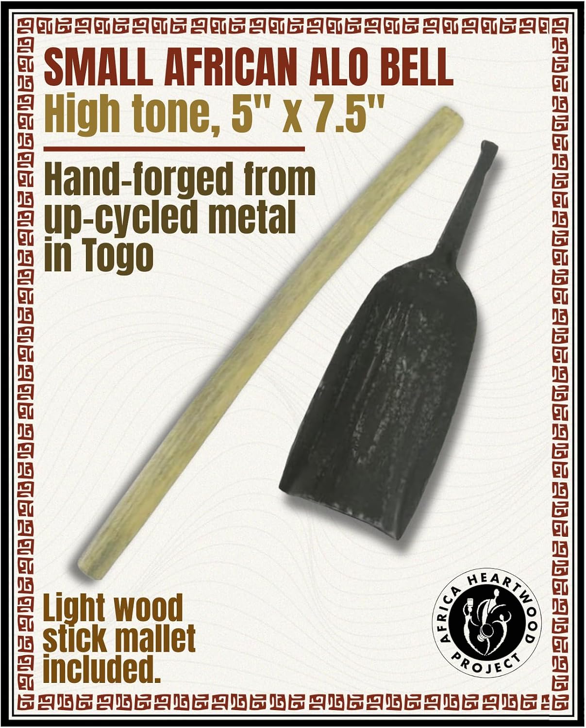 Africa Heartwood Project - Handcrafted African Alo Bell with Stick - Iron Cow Bell - Small Soprano