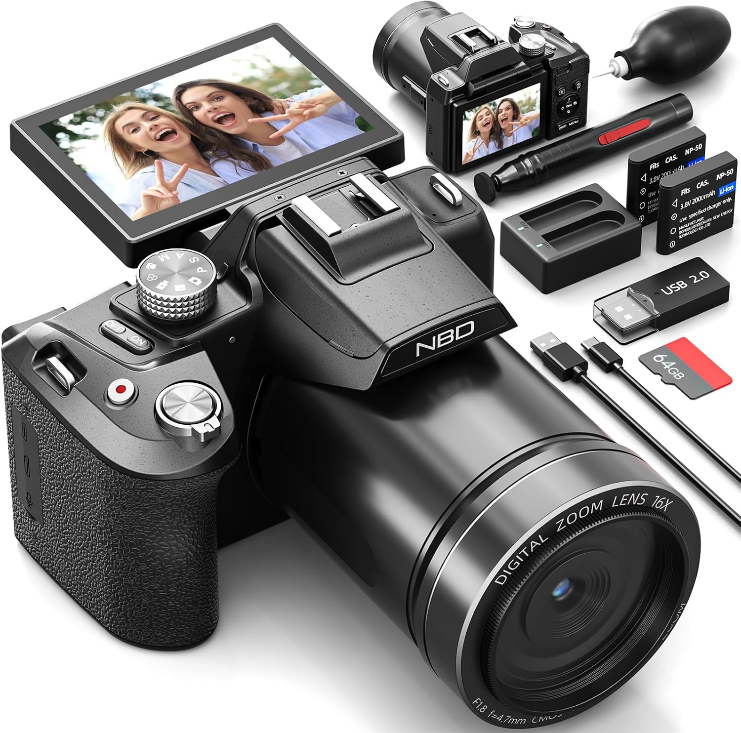 NBD 8K Digital Camera 64MP UHD, Autofocus Vlogging Camera with 180° Flip Screen & WiFi, 16X Zoom Compact Camera with 1.8 Night Vision, Hot Shoe, 64GB TF Card & 2 Batteries (Black)