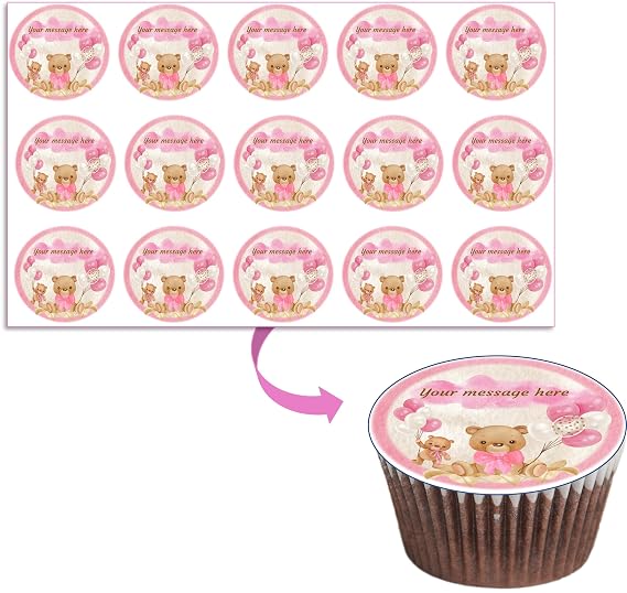 TEDDY BEAR baby girl shower edible image cupcake topper- Baby BEAR Cake Topper Icing sheets image for oreo covered cookies/Welcome baby edible decoration 15 cupcake topper 2" PRECUT