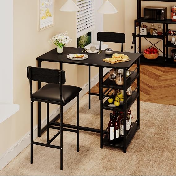 Bar Table and Chair Set with 3 Shelves, 2 Upholstered Stools, Black | Small 2-Person Dining Set, Backrest Stools, for Restaurants & Bistros