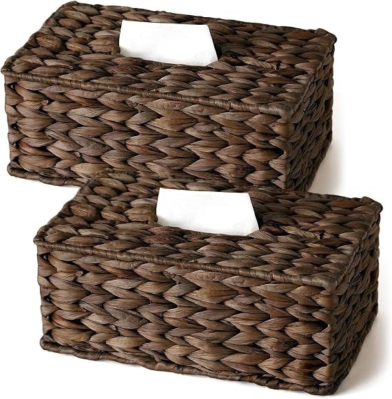2 Pack Rectangle Wicker Tissue Box Cover,Water Hyacinth Tissue Holder,Brown