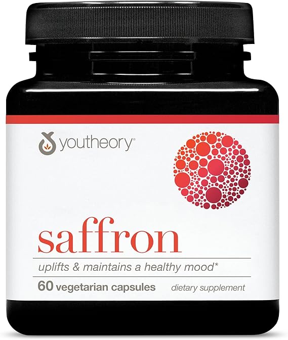 Youtheory Saffron - 60 Capsules (30 Day Supply) - Certified Capsules with Ashwagandha & Rhodiola Rosea - Uplifts & Maintains Healthy Mood* -Supports Focus & Sleep* - Gluten & Sugar-Free Supplement