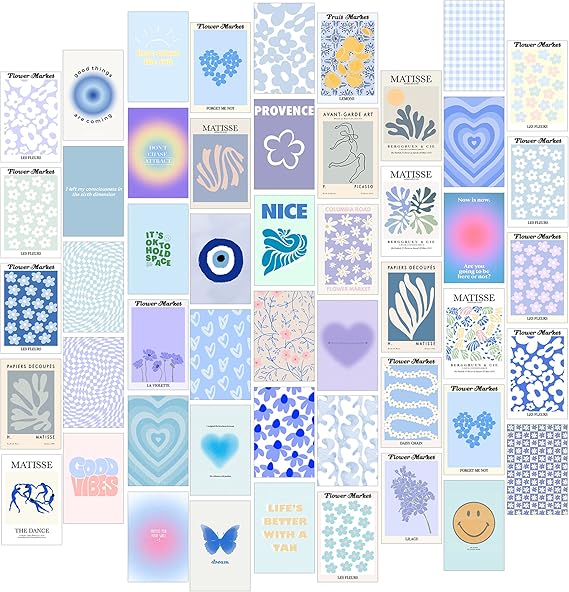 Minimalist Wall Art for Blue Room Decor Aesthetic, 50pcs Danish Pastel Wall Collage Kit Aesthetic Pictures, Minimalist Decor Aesthetic Posters, Matisse Posters for Room Aesthetic and Dorm Wall Decor