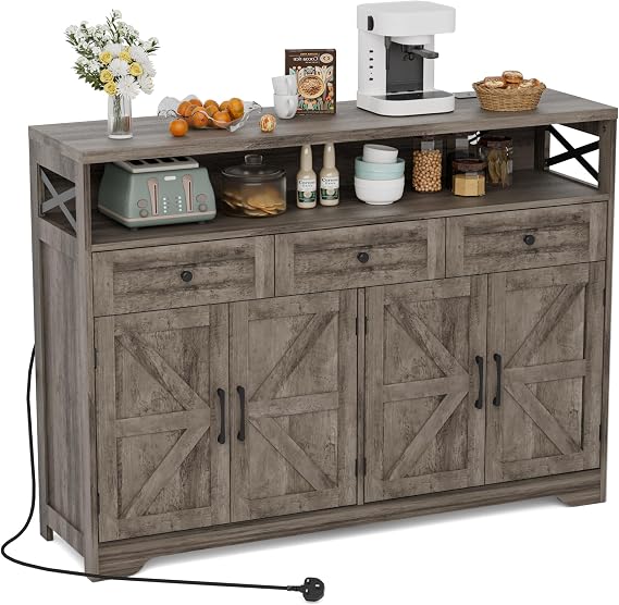 BonVache Sideboards Cabinet with Power Outlets,Wooden Storage Sideboard with Adjustable Shelf,3 Drawers and Open Shelf,Buffet Cupboard for Living Room,Kitchen,Hallway, Dining Room,Dark Gray