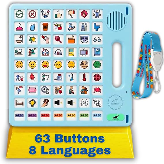 8 Languages AAC Device for Autism, 63 Buttons, Communication Board for None Verbal, Stroke Survivors Speech Support, TBI, Talking aid Tool for Delayed Speech terapy, Ajustable Lanyard.