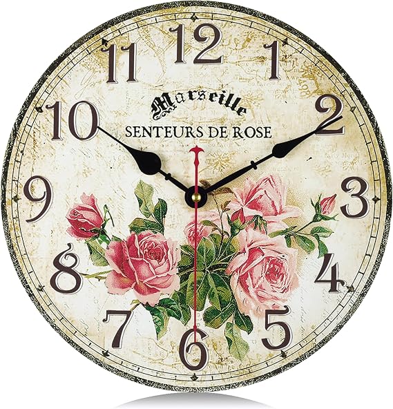 Lafocuse 12 Inch Silent Wooden Rustic Pink Rose Wall Clocks for Living Room Decor, Vintage French Floral Wall Clocks Battery Operated for Kitchen Bedroom