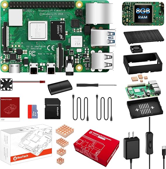RasTech Raspberry Pi 4 Model B RAM 8GB Pi4 8gb Set with Technical Standard Mark/ 32GB Memory Card/ 5V 3A Switched Power Adapter/ HD OUT Cable/ CAT6 Network Cable/ Raspberry Pi Dedicated Case
