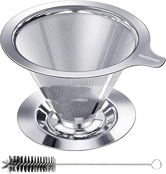 Hanlomele Pour Over Coffee Dripper, Paperless Reusable Coffee Filter, Pour Over Coffee Maker for Single Cup Brew, Double Mesh Design of Stainless Steel Cone Filter for Perfect Extraction (1-2 Cup)