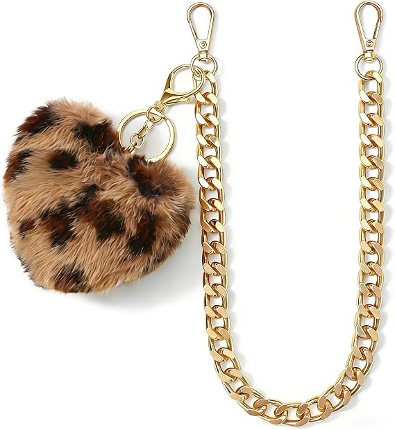 Leopard Print Heart Fur Charm Gold Bag Chain Strap (12.6 Inch) Chunky Metal Purse Strap Replacement with Fluffy Heart Keychain, Handbag Accessories for Women's Tote Crossbody Bags
