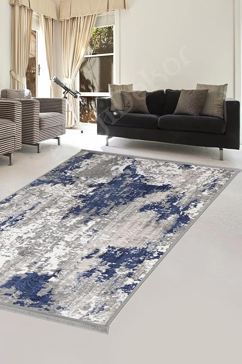 Halı Lacivert Cool Yıkanabilir Saçaklı Delüxe Kesme Yolluk Kilim Salon Halısı Modelleri, 986AS13MAVİ 100x200