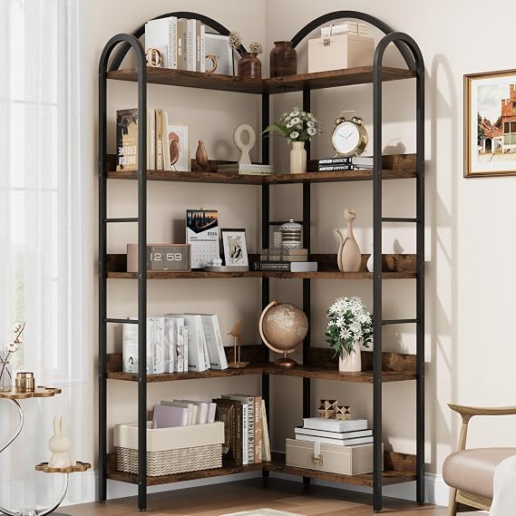 68.5" Arched Industrial Corner Bookcase - 5-Tier Large Bookshelf with Wood Shelves and Metal Frame - Modern Storage Display for Home Office, Living Room, Bedroom - Vintage