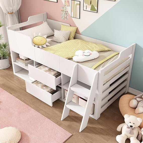 Jtyca Mid Sleeper Bed with Drawers, Shelf and Ladder, 3FT Children's Wooden Cabin Bed Frame with Storage, Low Sleeper Single Bed Frames for Kids and Toddler, 90 x 190 CM, White, (Frame Only).