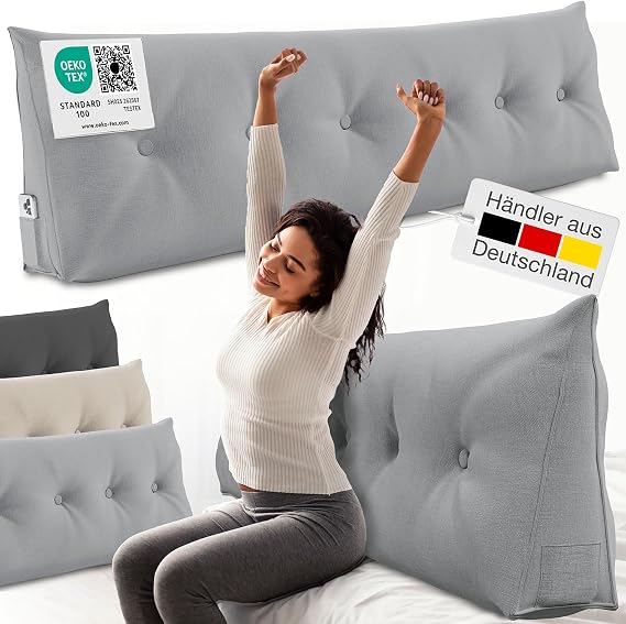 ELONEO Back Cushion 180 cm Wide Wedge Cushion for Bed and Sofa Triangular Reading Cushion Removable and Washable Cover Practical Side Pocket