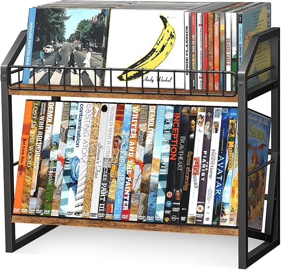 ELITEROO 2 Tier CD Holder Wood DVD Storage Rack Sloped CD Organizer Tower for Display, CD Case Shelf, Holds 80 Standard CDs or 56 DVDs, Desktop DVD Stand for Music Lovers - Rustic Brown