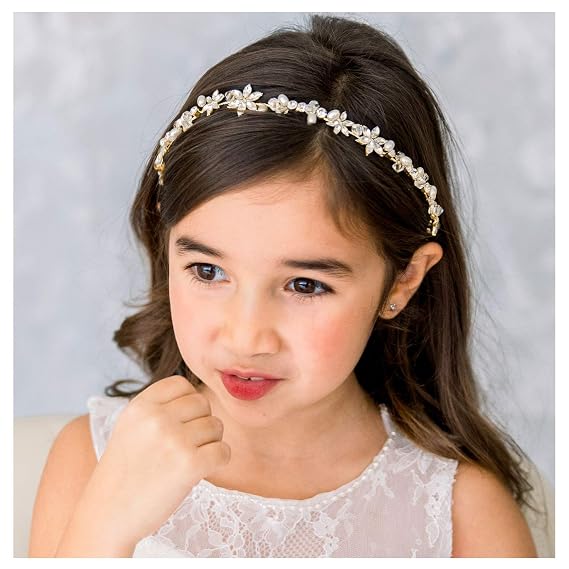SWEETV Gold Flower Girl Headpiece for Wedding Crystal Floral Girls Headband Princess Hair Accessories for Birthday Party, Photography | Gold Flower Girl Headband Crystal Floral Princess Flower Girl Hair Accessories Bridal Headband for Birthday Party Photography